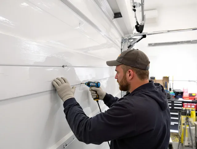 Westmont Garage Door Repair technician demonstrating precision dent removal techniques on a Westmont garage door