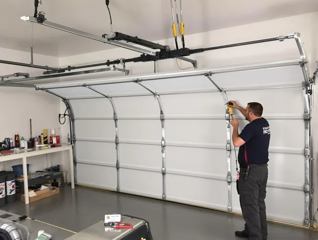 Westmont Garage Door Repair certified technician performing overhead door system repair in Westmont
