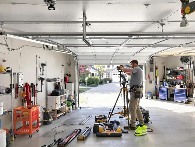 Westmont Garage Door Repair specialist performing laser-guided track alignment in Westmont